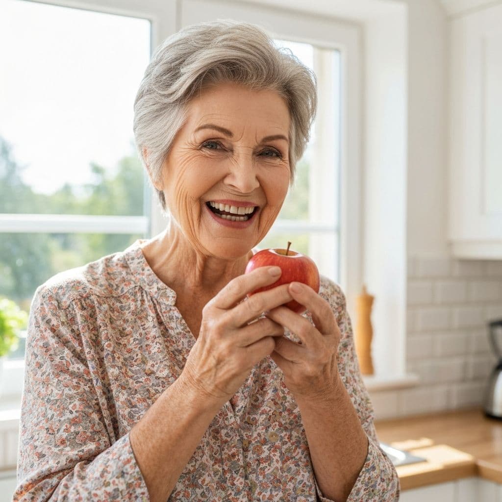 Happy senior patient eating an apple with restored teeth